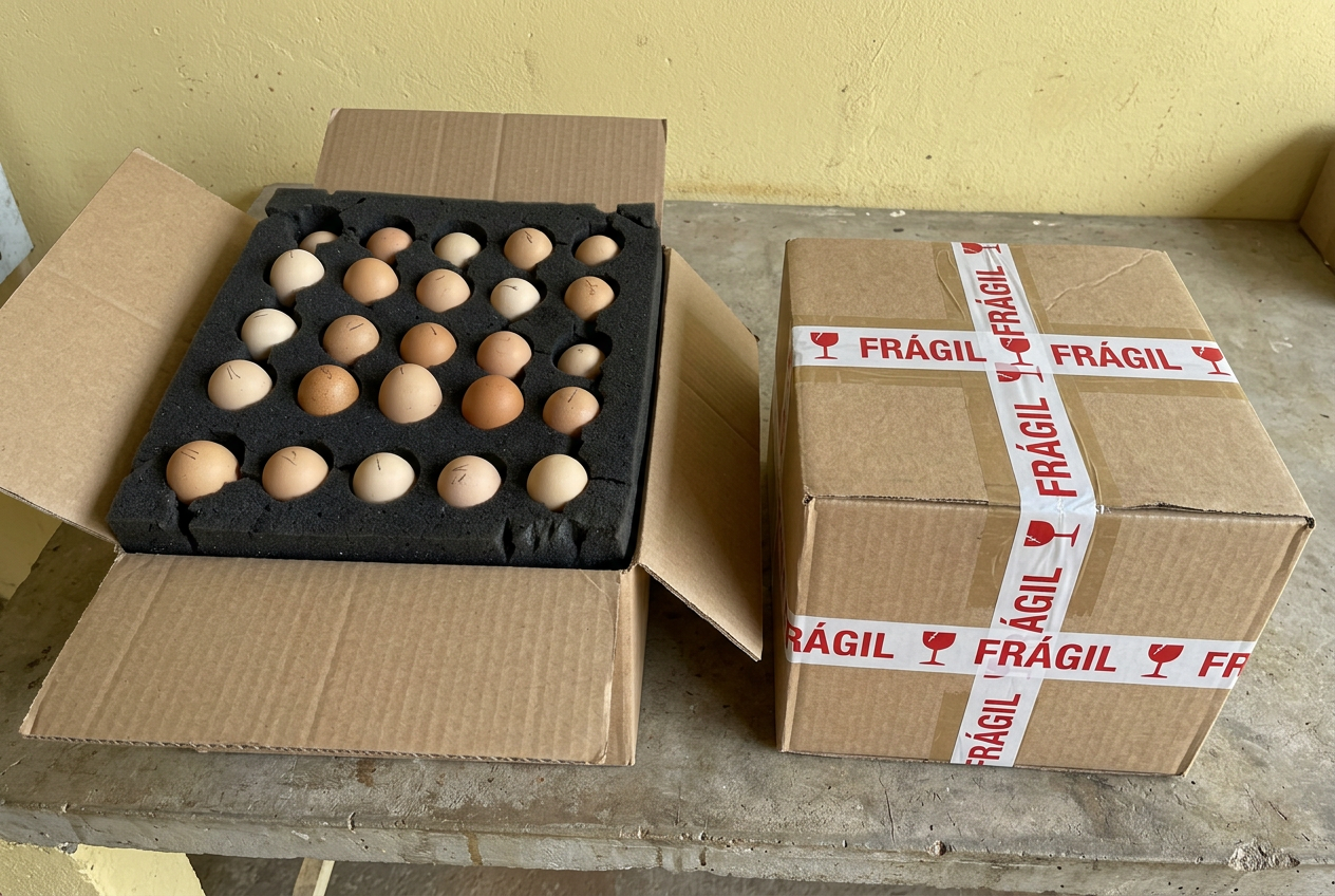 Ovos acomodados individualmente em espuma preta dentro da caixa fechada com fita de cuidado frágil