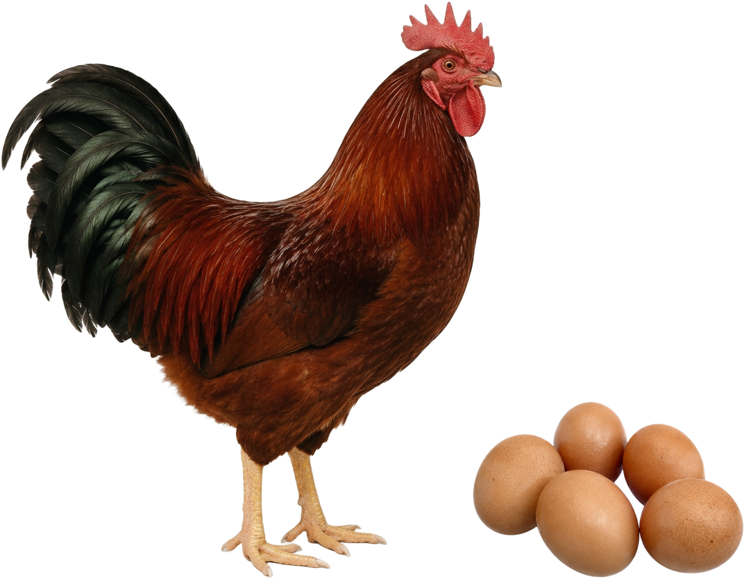 Galo Rhode Island Red e ovos férteis — imagem ilustrativa